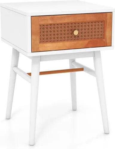 Miniatura 11 de Giantex Mesita de noche de ratán, mesa auxiliar bohemia con cajón de almacenamiento decorado de ratán y patas de madera maciza, mesita de noche