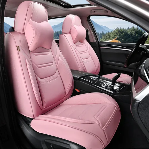 TIEHESYT Fundas de asiento delantero de automóvil color rosa, par de fundas de cuero transpirable para asientos delanteros y reposacabezas, funda de