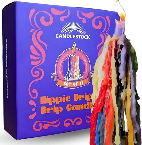 Candlestock Hippie Drippy Drip Candles - Paquete de 11 velas cónicas de goteo – Velas de fusión de botellas de vino (arcoíris hippie)