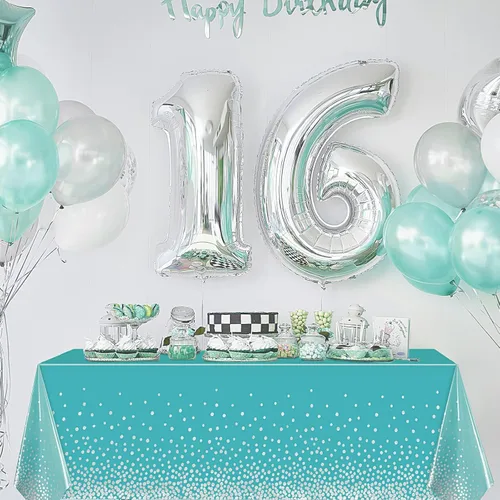 Miniatura 5 de Breling Mantel rectangular desechable de plástico con diseño de lunares color verde azulado y plateado, para cumpleaños, boda, baby shower