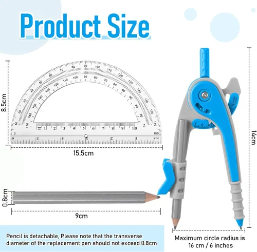 Miniatura 5 de EBOOT Juego de matemáticas de geometría para estudiantes, brújula de dibujo y transportadores de brazo oscilante transparente de 6 pulgadas, Azul