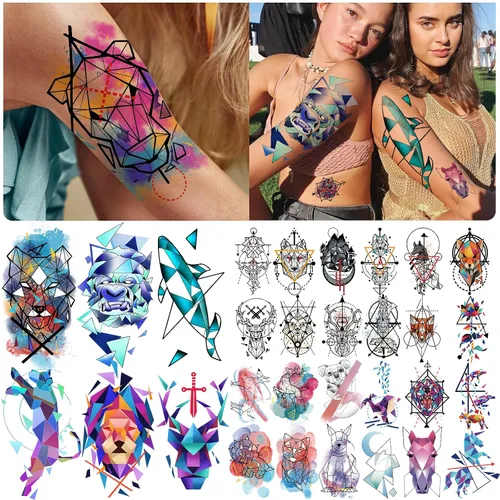 Miniatura 2 de 77 hojas de tatuajes temporales geométricos de animales, 17 hojas de medio brazo 3D de leones, zorro, lobo, búho, tigre, tatuajes falsos