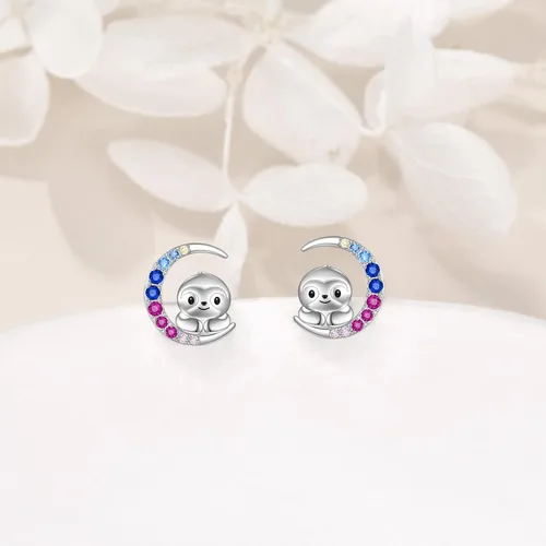 Miniatura 2 de YFN Aretes de tuerca de plata de ley con diseño de luna y animales lindos para mujeres y niñas