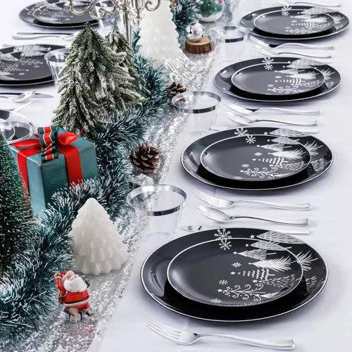 Miniatura 7 de KIRE Juego de 150 platos de Navidad desechables y vajilla para 25 invitados, platos negros y plateados, cubiertos de plástico y tazas con borde