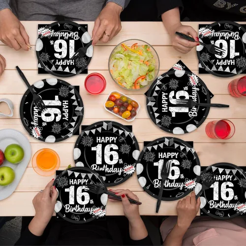 Miniatura 7 de Juego de 96 piezas de platos de papel, servilletas y tenedores para fiesta de cumpleaños número 16 para fiesta negra de dulces 16 años, platos