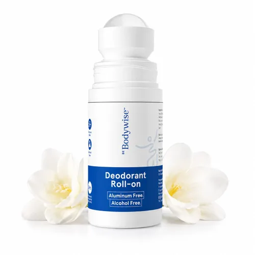 Be Bodywise Desodorante en rollo. Sin aluminio, sin alcohol. Con AHA BHA, ácido láctico, ácido mandélico. Previene el olor, reduce la pigmentación.