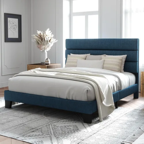 Miniatura 3 de Allewie - Base de cama de plataforma matrimonial con cabecera tapizada de tela y soporte de listones de madera, base de colchón totalmente tapizada