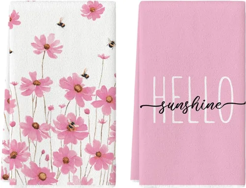 Artoid Mode Juego de 2 toallas de cocina de primavera con diseño de abeja, diseño de flores rosadas, 18 x 26 pulgadas, decoración de vacaciones de