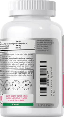 Miniatura 4 de Horbäach Multivitamínico prenatal para mujer con DHA, hierro y ácido fólico, 70 cápsulas blandas, sin OMG y sin gluten