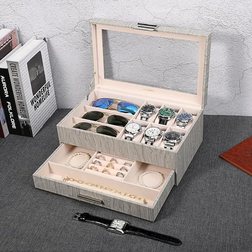 Miniatura 6 de LANDICI Caja organizadora de relojes para hombres y mujeres, 2 capas y 6 ranuras de piel sintética con parte superior de cristal, soporte grande
