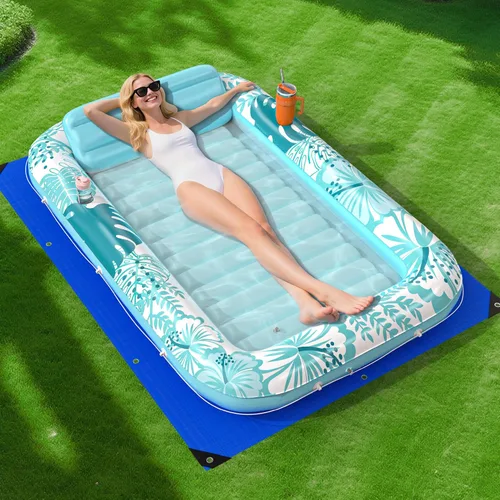 Miniatura 16 de Flotador inflable de bronceado para piscina con lona de protección, flotadores de piscina de 85 x 57 pulgadas para adultos con almohada, flotador