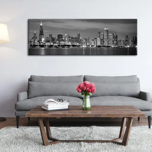 Miniatura 3 de Wieco Art - Skyline del Centro de Chicago en Blanco y Negro, Impresiones en Lienzo de Arte Moderno de Paisaje Urbano para Decoración de Pared