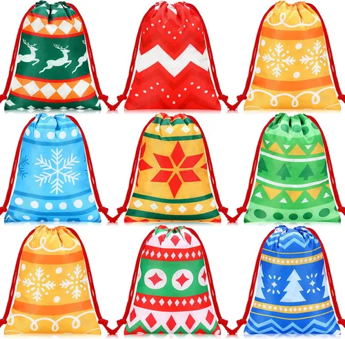 Miniatura 9 de Xuniea 24 Piezas Bolsas de Tela con Cordón Navideñas Muñeco de Nieve Santa Bolsas de Golosinas 10 x 7 Pulgadas Bolsa de Envolver Regalos Navideños