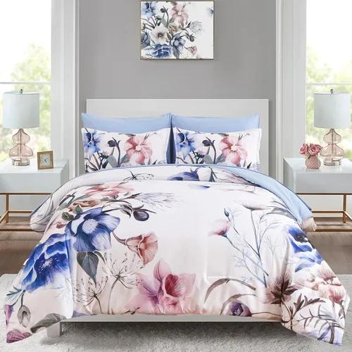 Luxudecor Juego de edredón floral tamaño King de 7 piezas, cama de flores azules en una bolsa, elegante edredón floral con juego de sábanas, juego