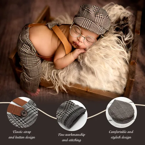 Miniatura 4 de 4 piezas de accesorios para fotos de bebé recién nacido, pantalones de celosía, pantalones con tirantes con boina, gafas de pajarita para disfraces