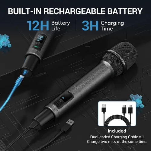 Miniatura 7 de TONOR Sistema de Micrófono Inalámbrico, Escaneo Automático y Emparejamiento UHF Micrófono de Karaoke Recargable, 2x100 Micrófono Inalámbrico