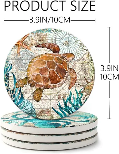 Miniatura 3 de Teivio Posavasos de piedra absorbente con temática de vida marina para bebidas, base de corcho con soporte, decoración costera con tema de playa