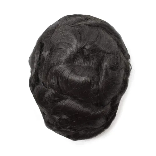 Miniatura 2 de Peluca tipo tupé para hombre, sistema de repuesto de cabello humano #1B, negro natural, duradero, monofilamento fino, monofilamento, piel