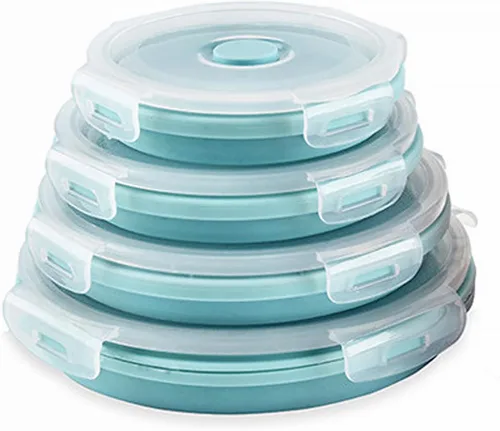Miniatura 8 de CARTINTS Recipientes plegables de silicona azul para almacenamiento de alimentos, tazones de preparación/almacenamiento con tapas, recipientes