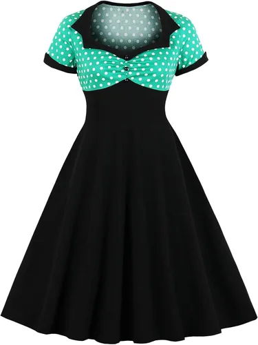 RFNIU Vestido vintage para mujer, con estampado de lunares, manga corta, para fiesta, graduación, cintura alta, falda acampanada