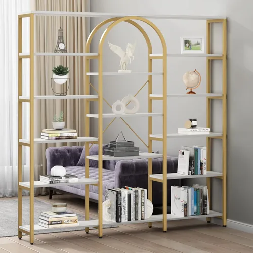 Miniatura 7 de Gyfimoie Estantería dorada triple ancha, 70.87 pulgadas de ancho x 71.34 pulgadas de alto, estantería grande y moderna Etagere con estantes abiertos