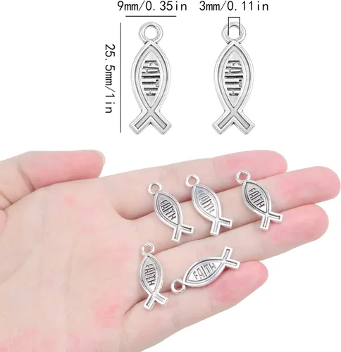 Miniatura 2 de 50 dijes con forma de pez cristiano de la fe y Jesús, de aleación vintage, suministros para manualidades, pulseras, collares, llaveros, joyería