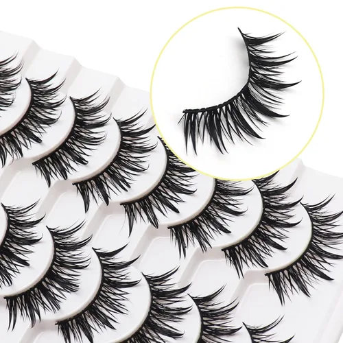 Miniatura 5 de Losha Pestañas postizas Wispy Wet Look Manga, aspecto natural, 0.709 in, pestañas postizas de anime, 10 pares de pestañas postizas hechas a mano (02)