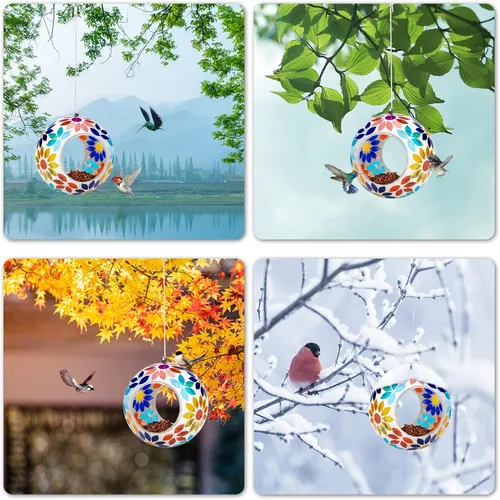 Miniatura 8 de VCUTEKA Comedero para Pájaros de Mosaico Tipo Fly Through para Exterior Colgante con Recipiente de Vidrio de Forma Redonda para Atraer Más Aves