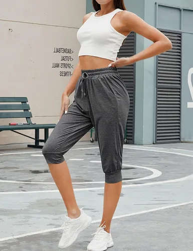 Miniatura 4 de Syhood Paquete de 2 pantalones deportivos capri para mujer, con cordón, pantalones capri casuales recortados con bolsillos