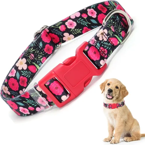 Collar para Perras con Flores Rojas, Collar Lindo para Perras con Hebilla de Liberación Rápida y Collar Cómodo Ajustable para Mascotas para Perros