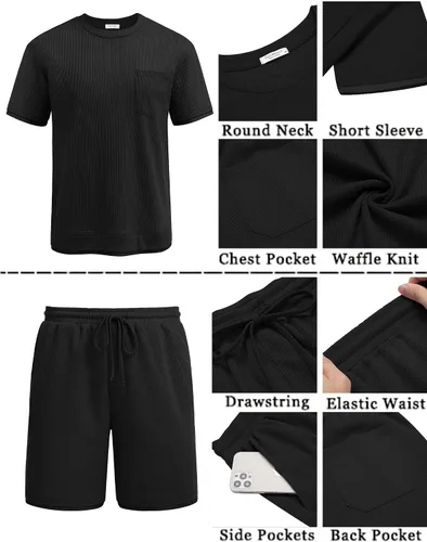 Miniatura 42 de COOFANDY Conjunto de camisa y pantalones cortos de gofre para hombre, conjunto de 2 piezas, conjunto casual de verano con bolsillos