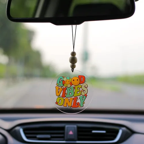 Talataca Good Vibes Only - Adorno plano 2D para automóvil y cuentas de madera, retro vintage feliz cara sonriente con cuentas accesorios para espejo