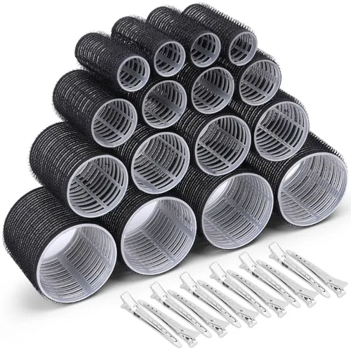Selizo Juego de 28 rodillos para el cabello, incluye 16 rodillos de pelo autoadherentes en 4 tamaños y 12 pinzas para el cabello largo, medio y corto