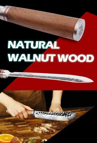 Miniatura 6 de YOUSUNLONG Cuchillo de carnicero japonés martillado de acero de Damasco de 8 pulgadas, mango de madera de nogal natural