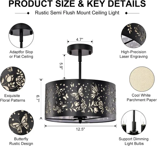 Miniatura 6 de Lámpara de techo semiempotrada, lámpara de techo rústica de metal de pergamino blanco con diseño de mariposa, candelabros negros industriales de 3
