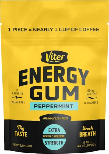 Viter Energy goma de mascar con 60mg de cafeína (sabor a menta, 30 piezas) - sin azúcar, vitamina B3, B6, B9, B12, cero calorías, gomitas