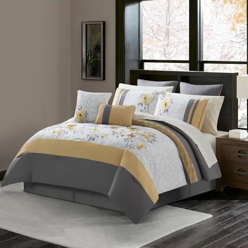 Miniatura 2 de Stratford Park Fantástico juego de edredón floral de 12 piezas, tamaño King, diseño moderno, gris/amarillo, falda de cama a juego, almohadas y Gris-1