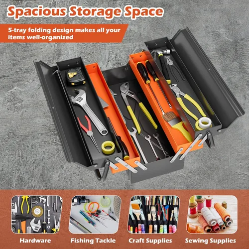 Miniatura 2 de Goplus Caja de herramientas de metal de 22 pulgadas, 3 capas y 5 bandejas, organizador de herramientas plegable portátil con asa y agujero