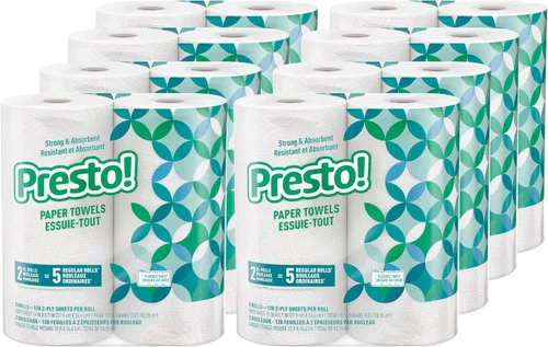 Marca Amazon - Presto! Toallas de papel de cocina - Flex-a-Size, rollo familiar de 128 hojas, 16 rollos (8 paquetes de 2)
