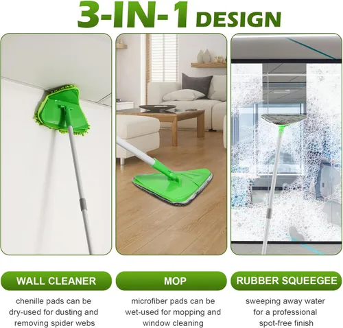 Miniatura 3 de Limpiador de pared triangular con mango largo de 82 pulgadas, limpiador de pared, herramienta de limpieza con 4 almohadillas de microfibra de Verde