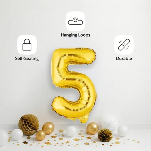 Miniatura 4 de Restaurantware-Balloonify Globo de Número de 16 Pulgadas, 1 Globo Digital para Fiesta - Número 5, Auto-Sellado, Acabado de Mylar de Folio Dorado, Oro