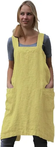 Miniatura 15 de Larmliss Delantal tipo pinafore cuadrado para mujer, para hornear, cocinar, jardinería, con espalda cruzada, mezcla de algodón/lino, con 2 bolsillos