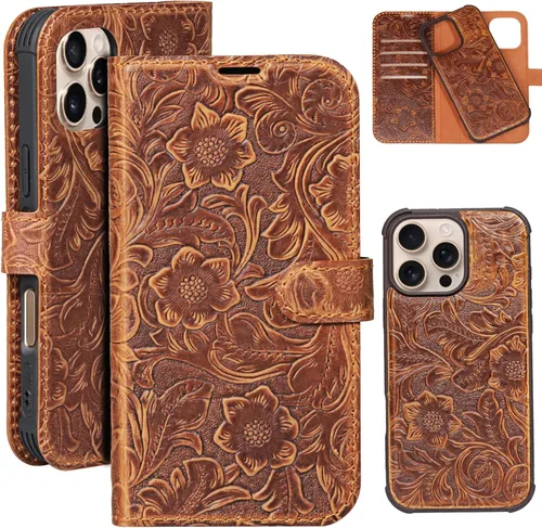Miniatura 11 de Funda de cuero compatible con iPhone 16 Pro Max Cartera 6.9", cuero genuino 2 en 1, magnética, desmontable, a prueba de golpes, funda tipo folio