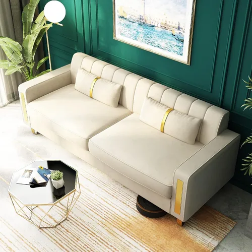 Miniatura 9 de Sofá cama modular de tela de terciopelo de 85.62 pulgadas, 3 asientos, fácil de montar con 2 almohadas de sofá, patas de metal dorado para sala