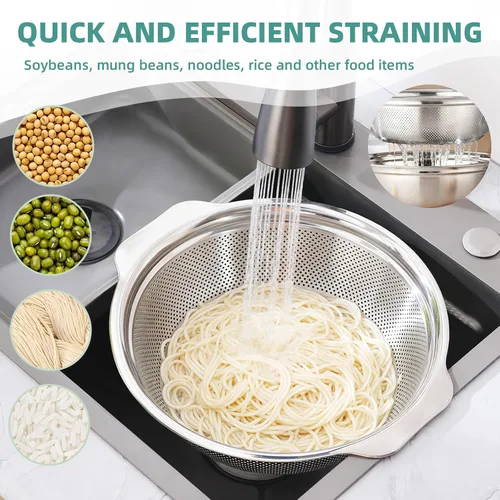 Miniatura 4 de Colador de acero inoxidable para cocina de 2 cuartos de galón, colador microporoso con tazón para mezclar, colador de arroz para lavar verduras