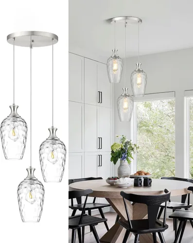 Lámpara colgante de 3 luces, moderna lámpara de araña de níquel cepillado para comedor sobre mesa con vidrio martillado, luces colgantes de racimo