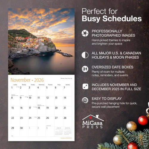 Miniatura 2 de MICASA PRESS European Destinations - Calendario de pared 2026 de 12 meses 12 x 24 pulgadas abierto Papel grueso y resistente Regalar