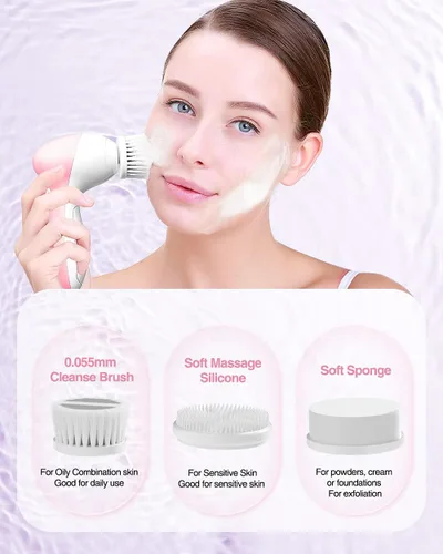Miniatura 3 de Cepillo eléctrico de limpieza facial para mujeres, limpiador facial 3 en 1 y cepillo exfoliante con 3 cabezales de cepillo, 2 velocidades, cepillo