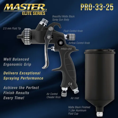 Miniatura 3 de Pistola Pulverizadora de Pintura Master Elite de Alto Rendimiento PRO-33 HVLP con Punta de 2.5mm, Copa de 1L, Medidor Regulador, Adaptador MPS
