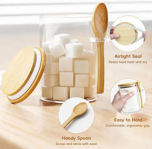 Miniatura 3 de Recipientes de Café Azúcar Sales - Frascos de 15 oz de Vidrio Hermético Caning con Tapas de Bambú y Cucharas Medidoras, Almacenamiento de Avena